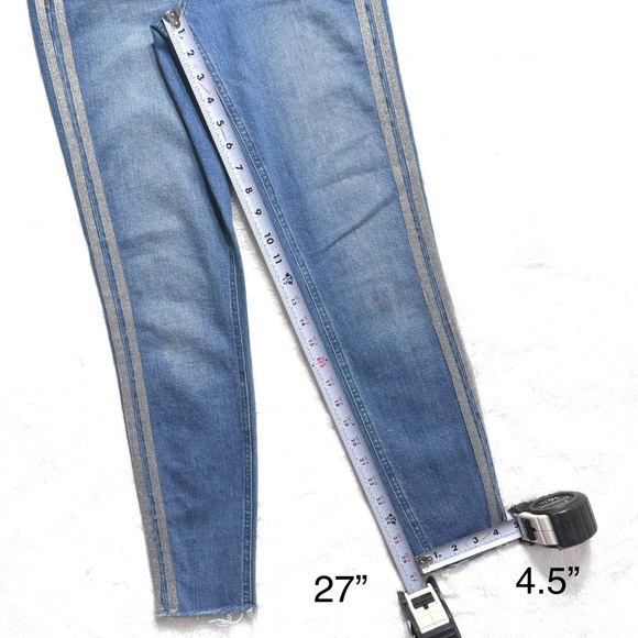 Anthropologie Shimmer Metallic Silver Racer Side Stripe Fringe Hem Cropped Jeans - Picture 14 of 15